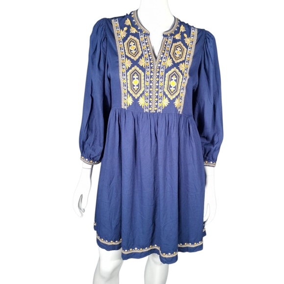 Solitaire Embroidered Tunic Dress Womens Blue Floral BOHO 3/4 Sleeve Size Large - Picture 8 of 11